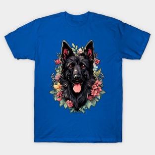 Black German Shepherd Dog Flowers T-Shirt